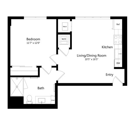 Floor plan for 1 bed, 1 bath, 619 sqft